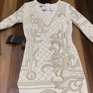 bebe Ivory and Gold Embellished Long Sleeve Dress